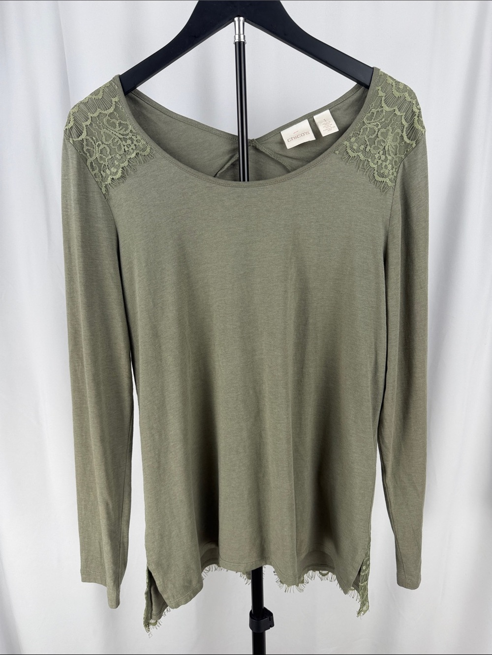 Chico's Olive Green Long-Sleeve Tee with Lace Shoulders